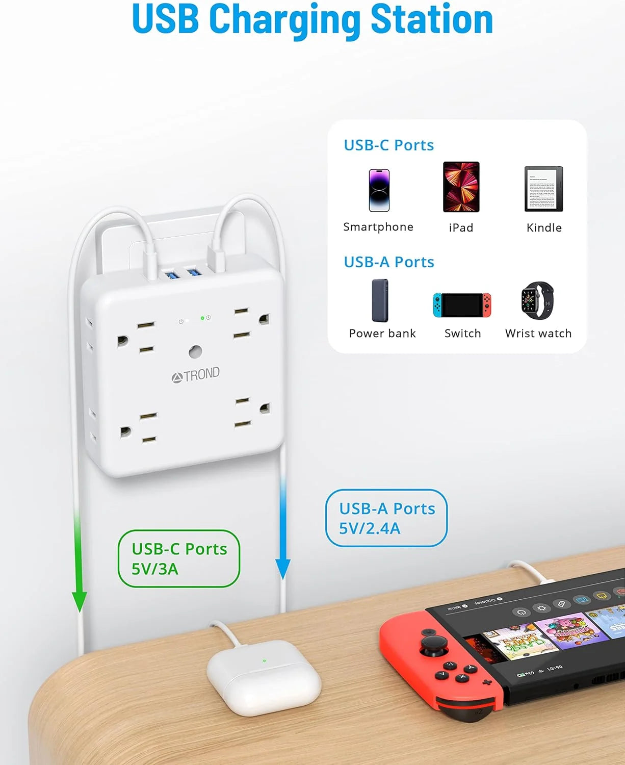 Multi Plug Outlet Extender Surge Protector, 8 AC Outlet Splitter, 3 USB and 1 Type C , On/Off Switch, 1440J White