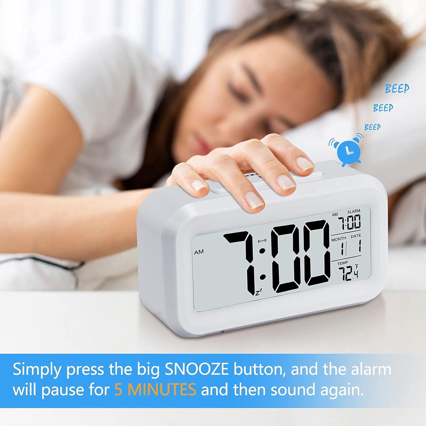 Digital Alarm Clock, Battery Operated, with Smart Night Light, 4.3-Inch LCD Display, 12/24-Hour Format, Indoor Temperature, White