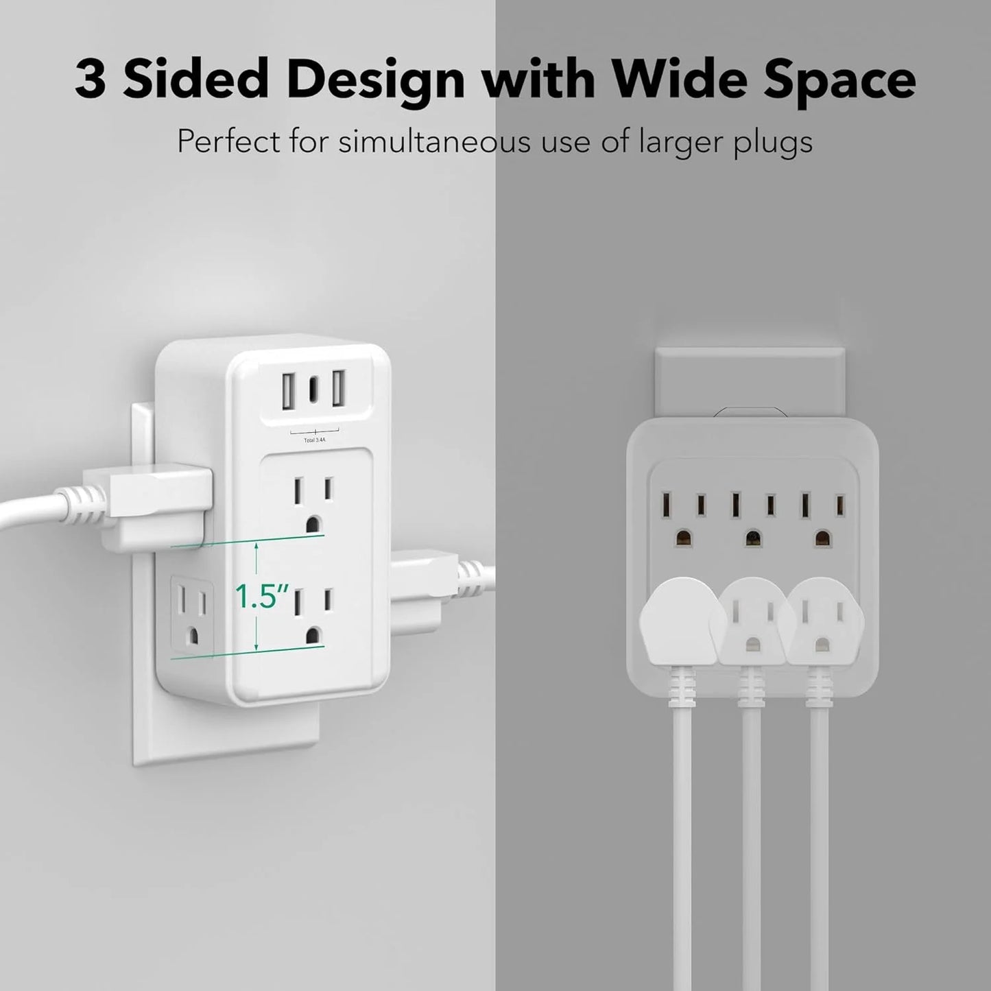 Multi Plug Outlet Extender, 6 Wall Outlets and 3 USB Ports (1 USB C), Multi Outlet Splitter Power Strip, USB Wall Power Strip Plug Adapter for Home, Office, Travel, 5V, 3.4A