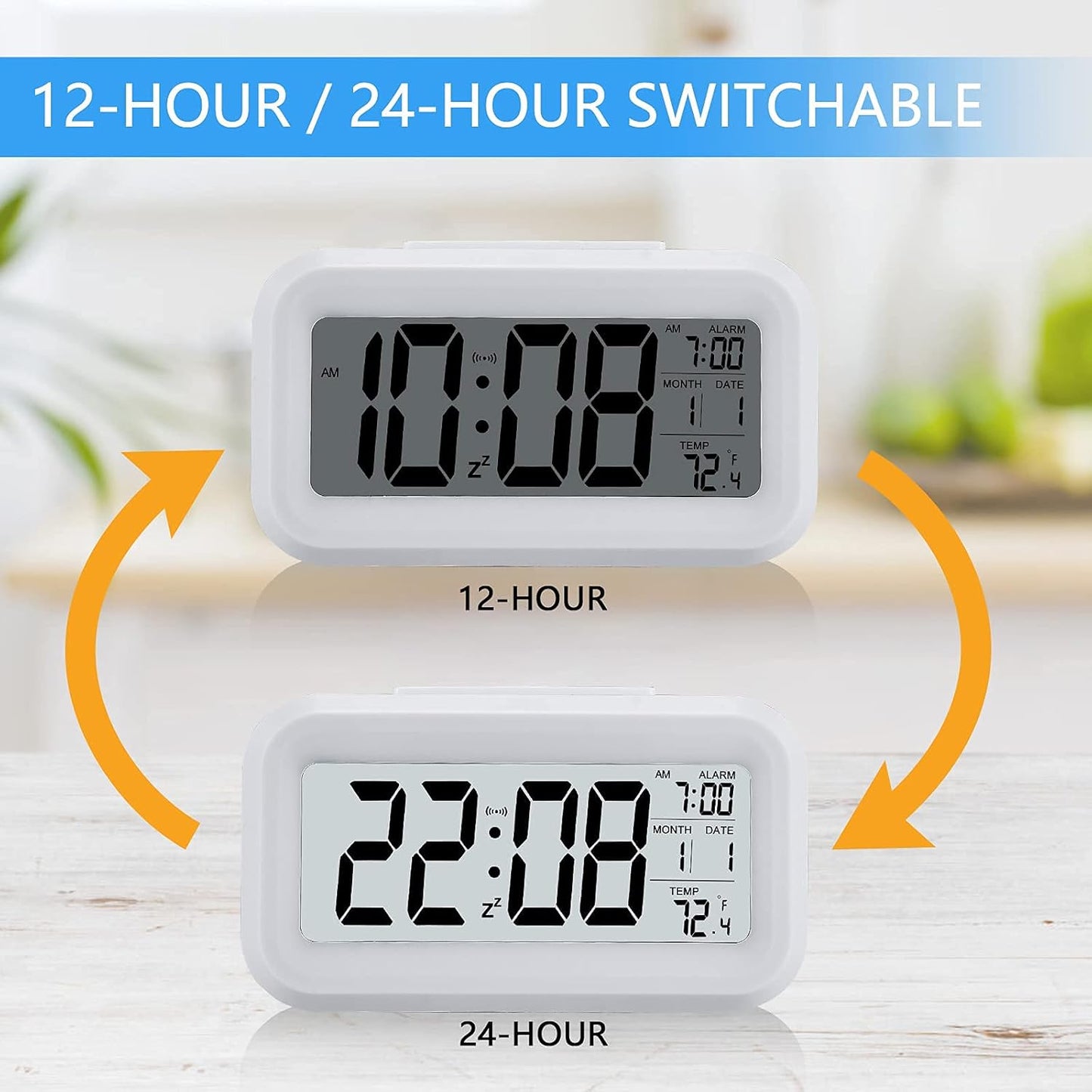 Digital Alarm Clock, Battery Operated, with Smart Night Light, 4.3-Inch LCD Display, 12/24-Hour Format, Indoor Temperature, White