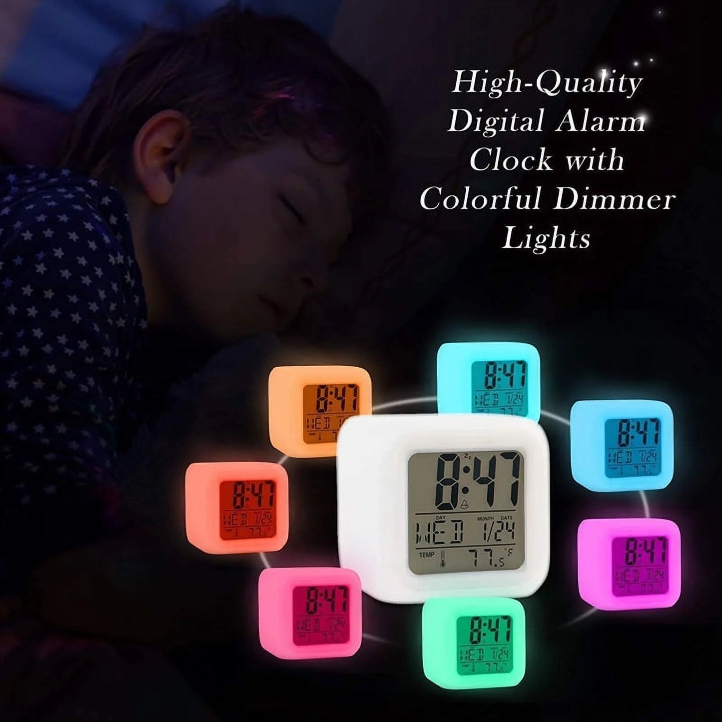 Colorful Alarm Clock Kids Wake up Digital LED Night Light Clock Travel for Boys Girls, Large Display Time/Date/Alarm with Snooze