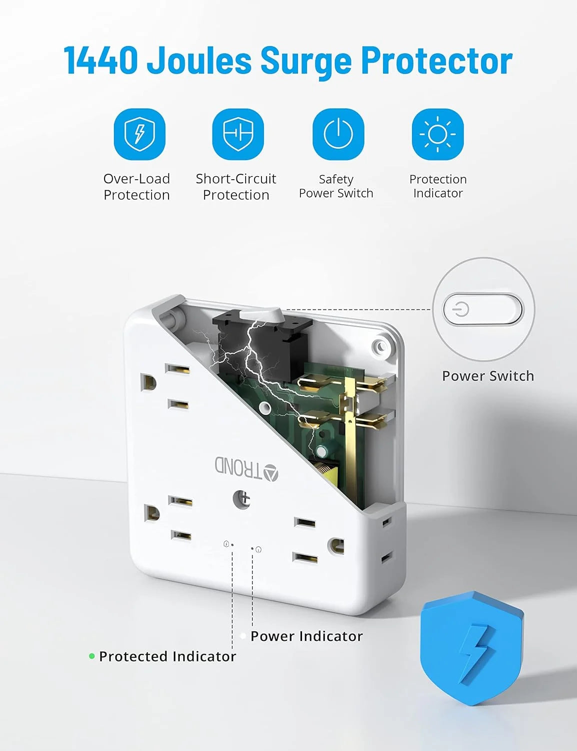 Multi Plug Outlet Extender Surge Protector, 8 AC Outlet Splitter, 3 USB and 1 Type C , On/Off Switch, 1440J White