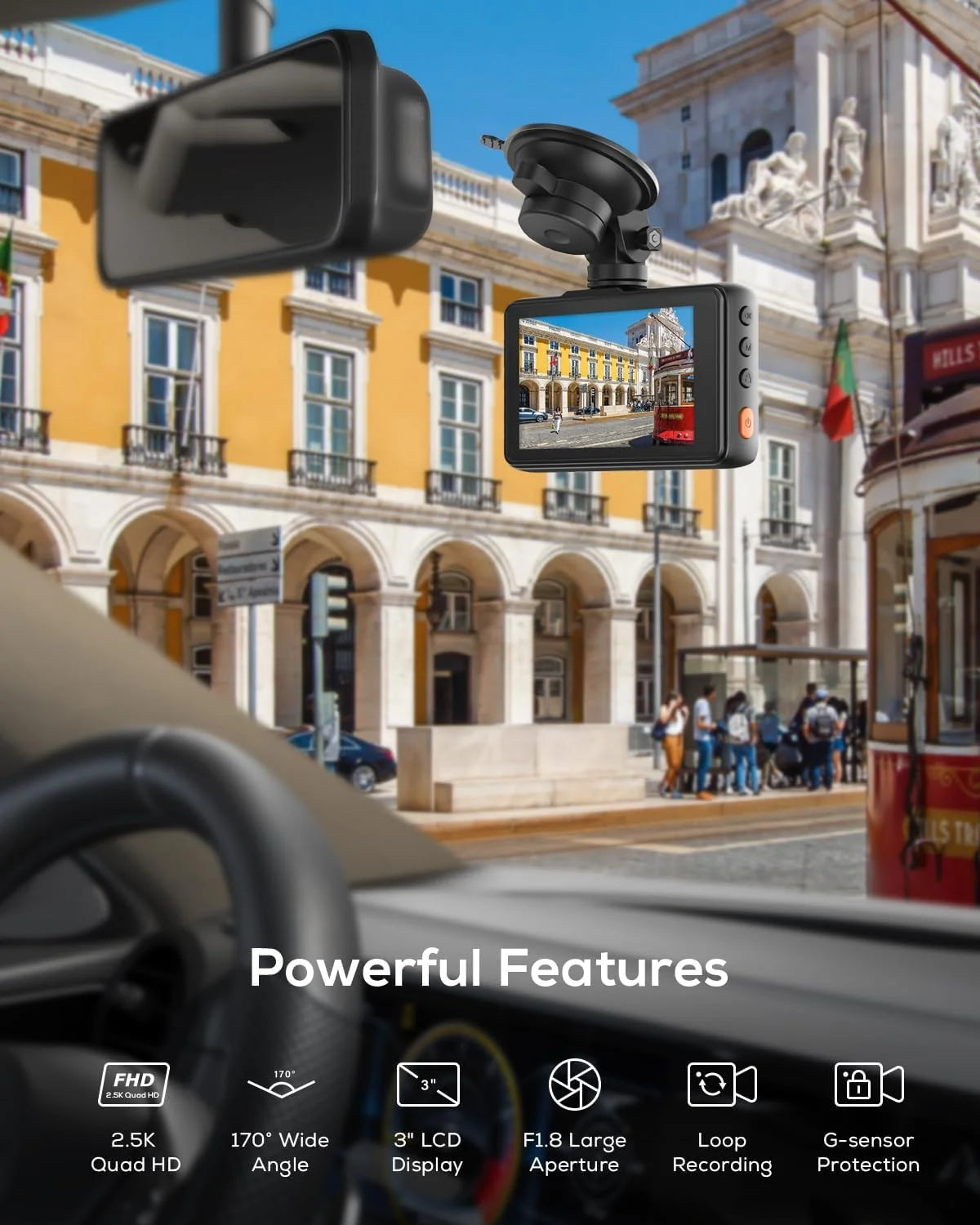 Dash Cam 1080P FHD, IPS Display, Night Vision, Parking Monitor, Motion Detection, Support 128G Max and GPS