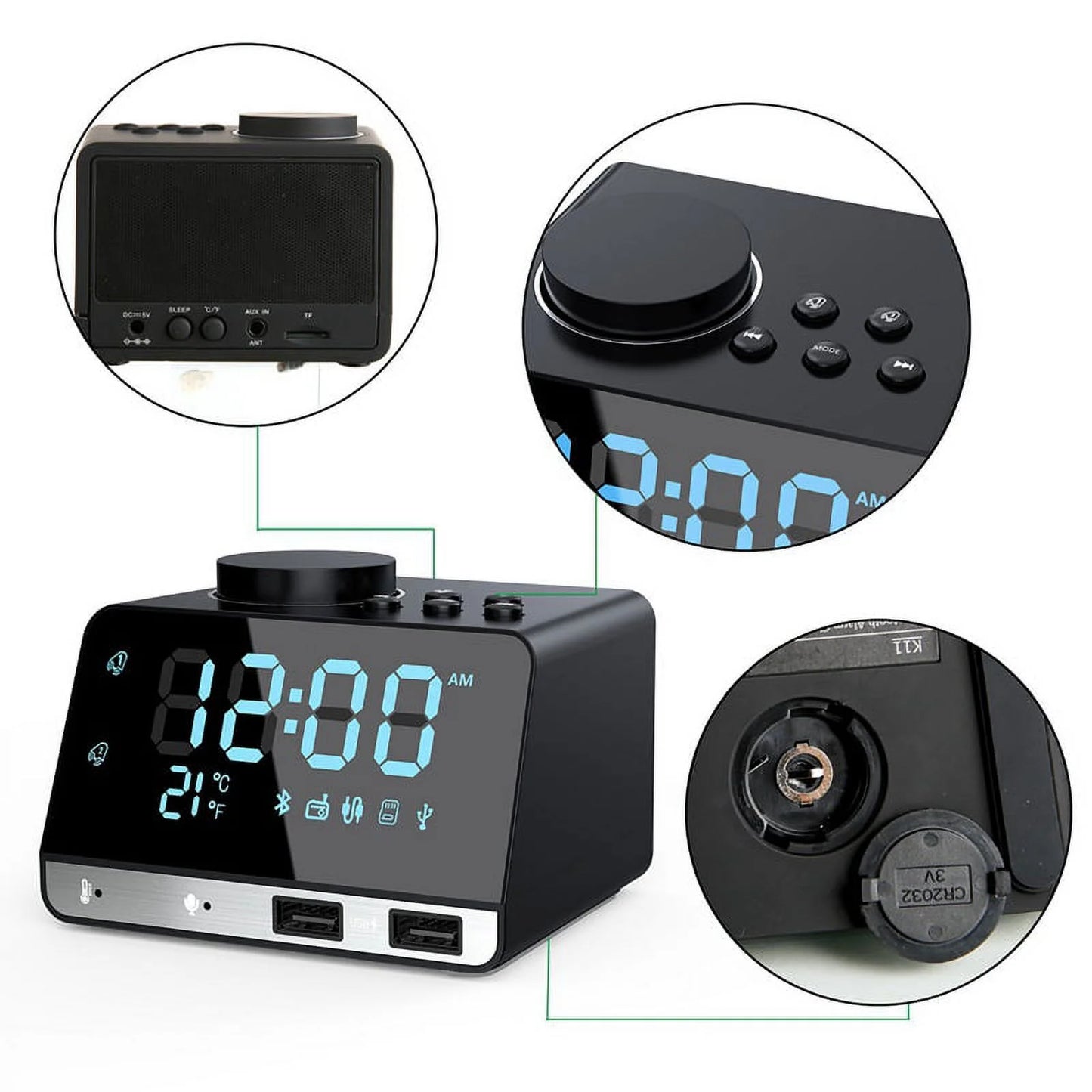 Smart Alarm Clock Radio Bluetooth Digital Speaker Alarm Clocks with Dual USB Charging Port and LED Display