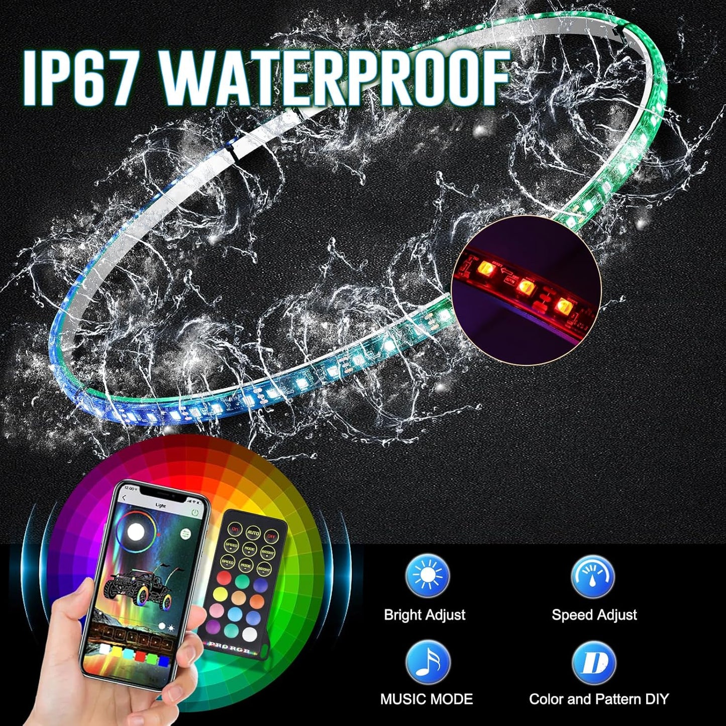 4PCS 15.5 Inch Dancing Color and Pure White LED Wheel Ring Light with Turn Signal and Braking Function, Can Controlled by Remote and APP, Single Row Rim Lights for Truck, Vehical, Offroad