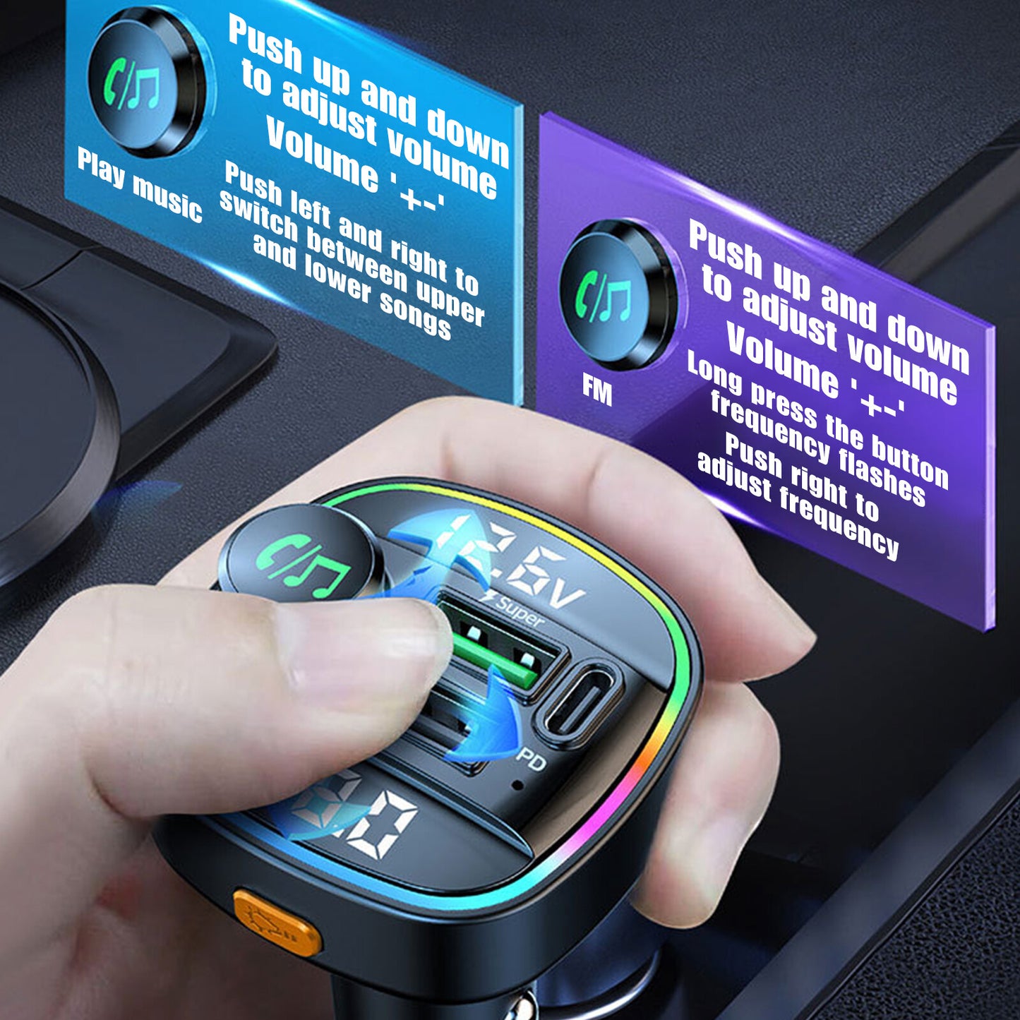 Bluetooth 5.0 Car Wireless FM Transmitter Adapter USB PD Charger AUX Hands-Free
