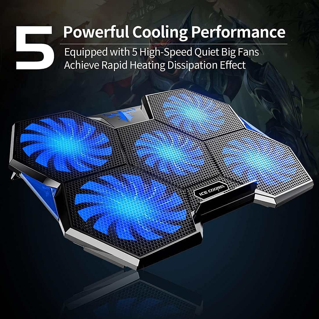 Gaming Laptop Fan Cooling Pad with 5 Big Cooling Fans, Laptop Cooler Cooling Pad for Laptop 15-17 Inch, Strong Wind Fast Heat Dissipation, the Wind Speed Adjustable, Two USB Ports