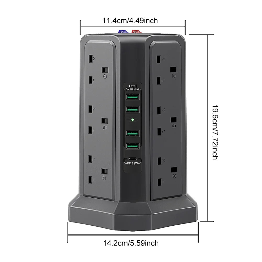13A 3250W Tower Power Strip PD18W Fast Charging USB Slots Multi Plug Socket Power Strip 5 USB Ports and 12 Way Tower Power Strip