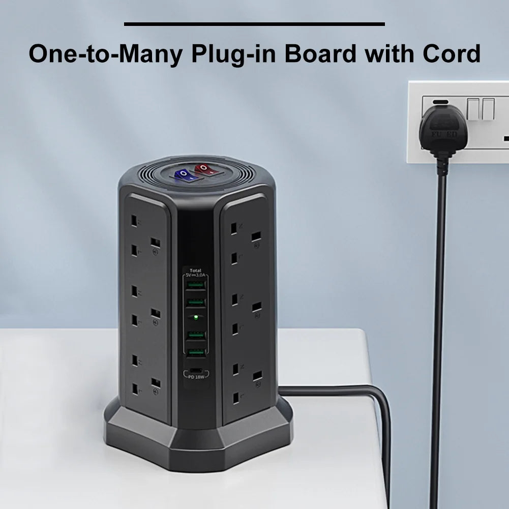 13A 3250W Tower Power Strip PD18W Fast Charging USB Slots Multi Plug Socket Power Strip 5 USB Ports and 12 Way Tower Power Strip