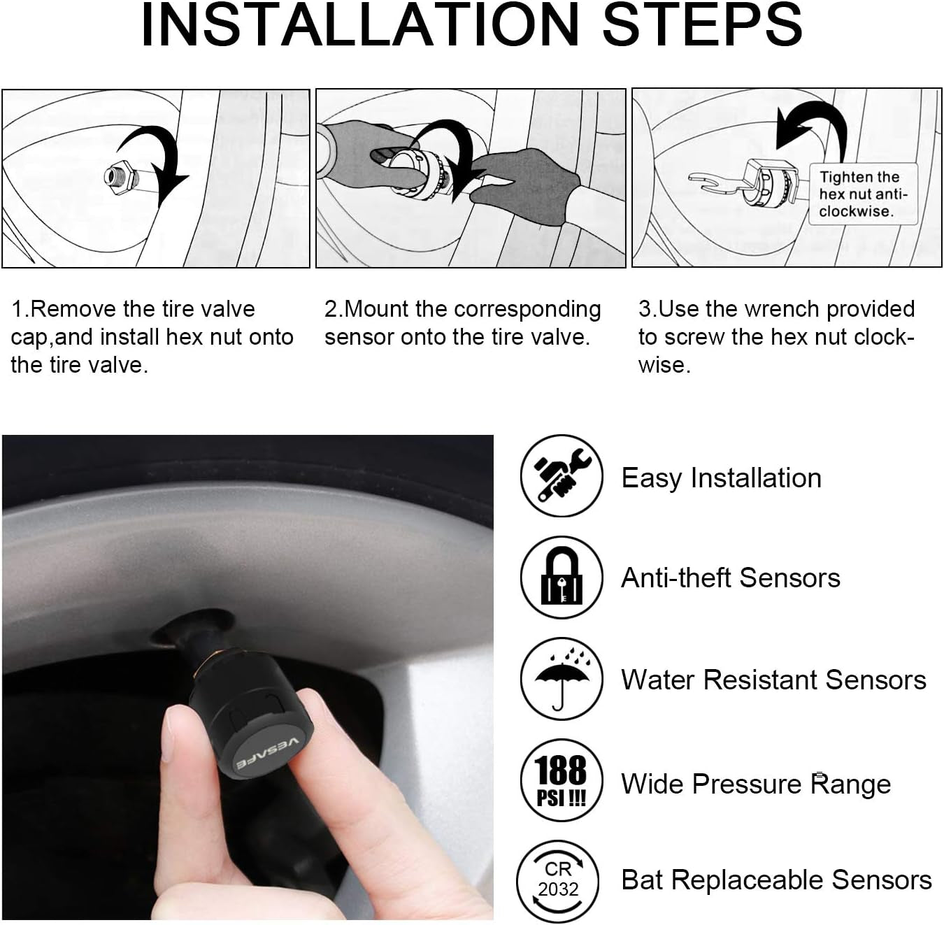 TPMS, Wireless Tire Pressure Monitoring System for RV, Trailer, Coach, Motor Home, Fifth Wheel, with 4 Anti-Theft Sensors