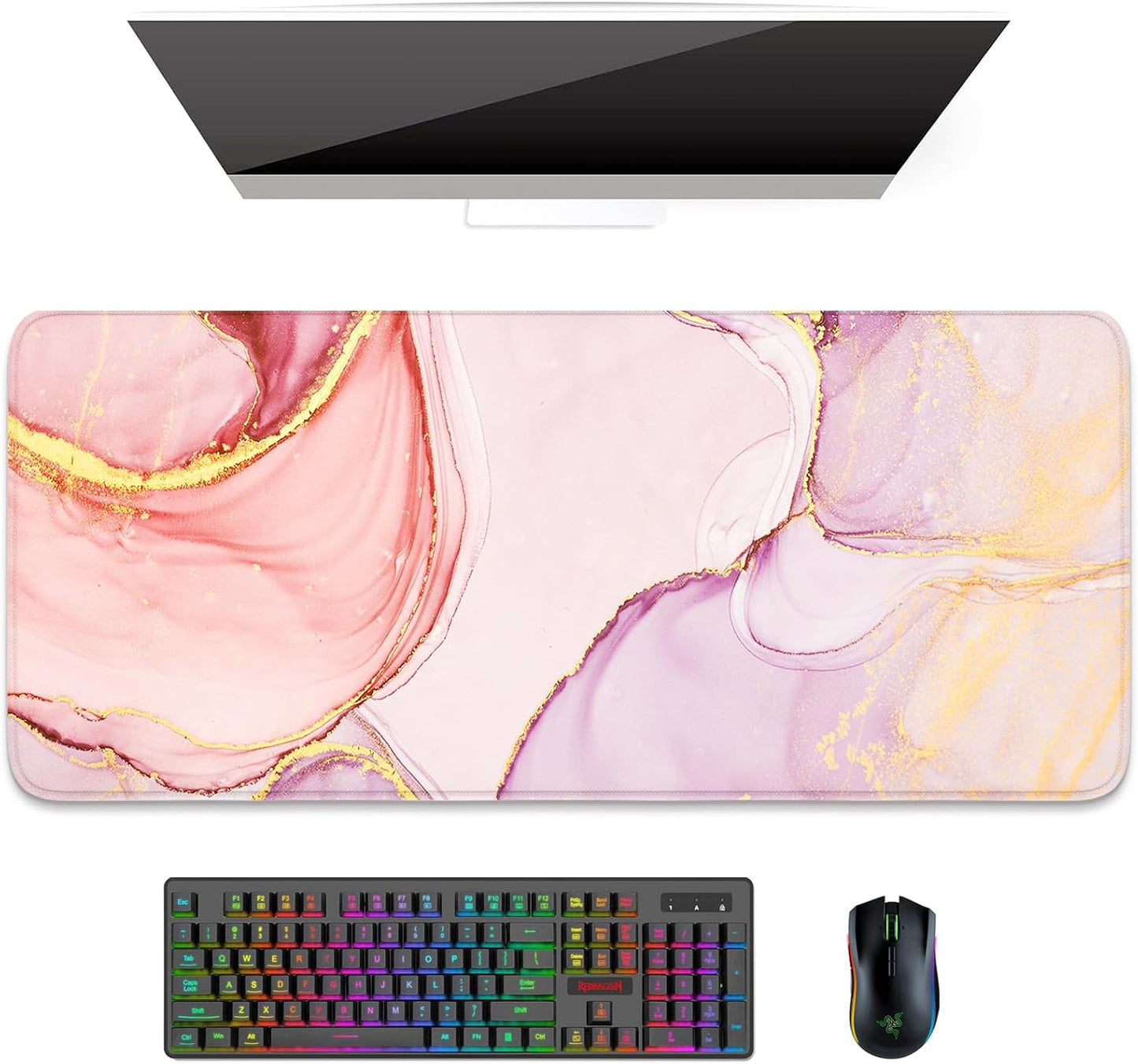 Desk Pad, XL Extended Large Gaming Mouse Pad 31.5 X 11.8 Inch, Waterproof Mousepad with Stitched Edge, Non-Slip Computer Keyboard Laptop Mat for Women Men Office Work, Pink Marble Design