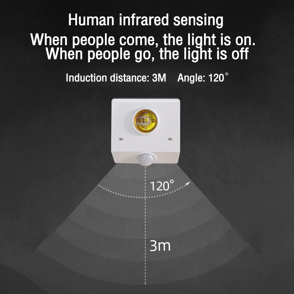 E27 PIR Motion Sensor Lamp Holder, AC 110-240V Auto On/Off, IR Detection for LED Bulbs, Wall-Mounted Socket, Energy Saving