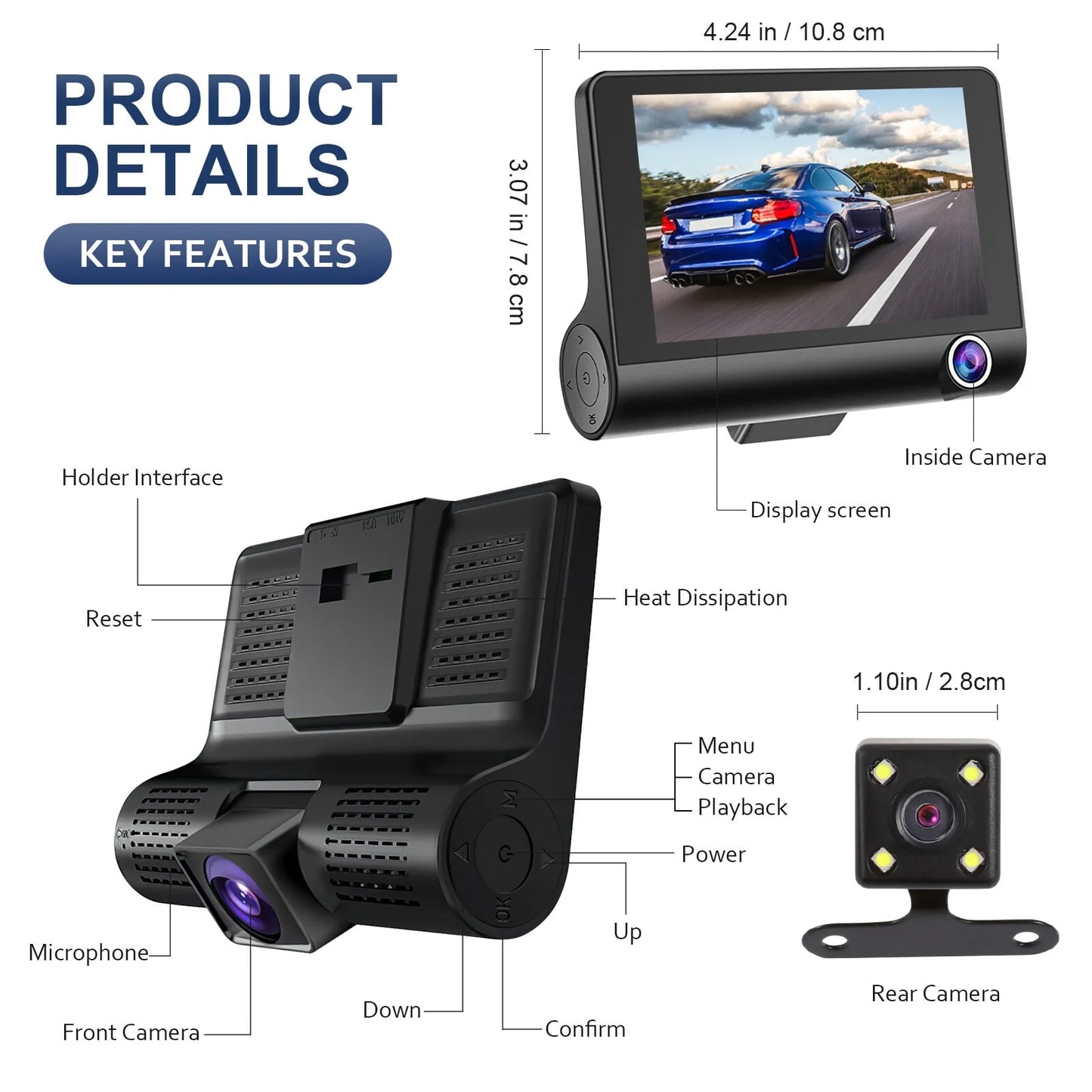 Dash Cam Front and Rear Dash Cam 4 Inch Dashboard Full HD 170° Wide Angle Backup with Night Vision G-Sensor Parking Monitor Loop Recording Motion Detection