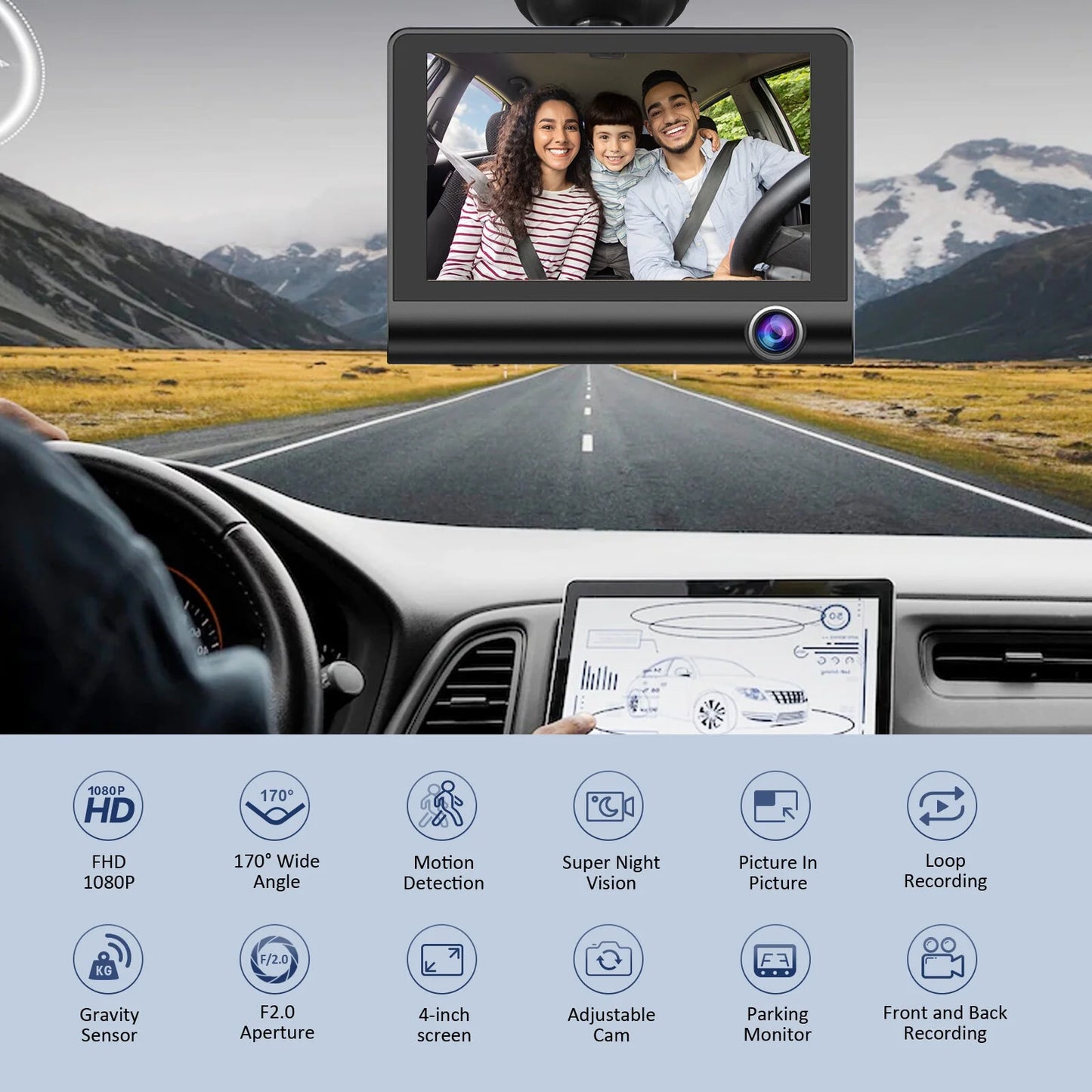 Dash Cam Front and Rear Dash Cam 4 Inch Dashboard Full HD 170° Wide Angle Backup with Night Vision G-Sensor Parking Monitor Loop Recording Motion Detection