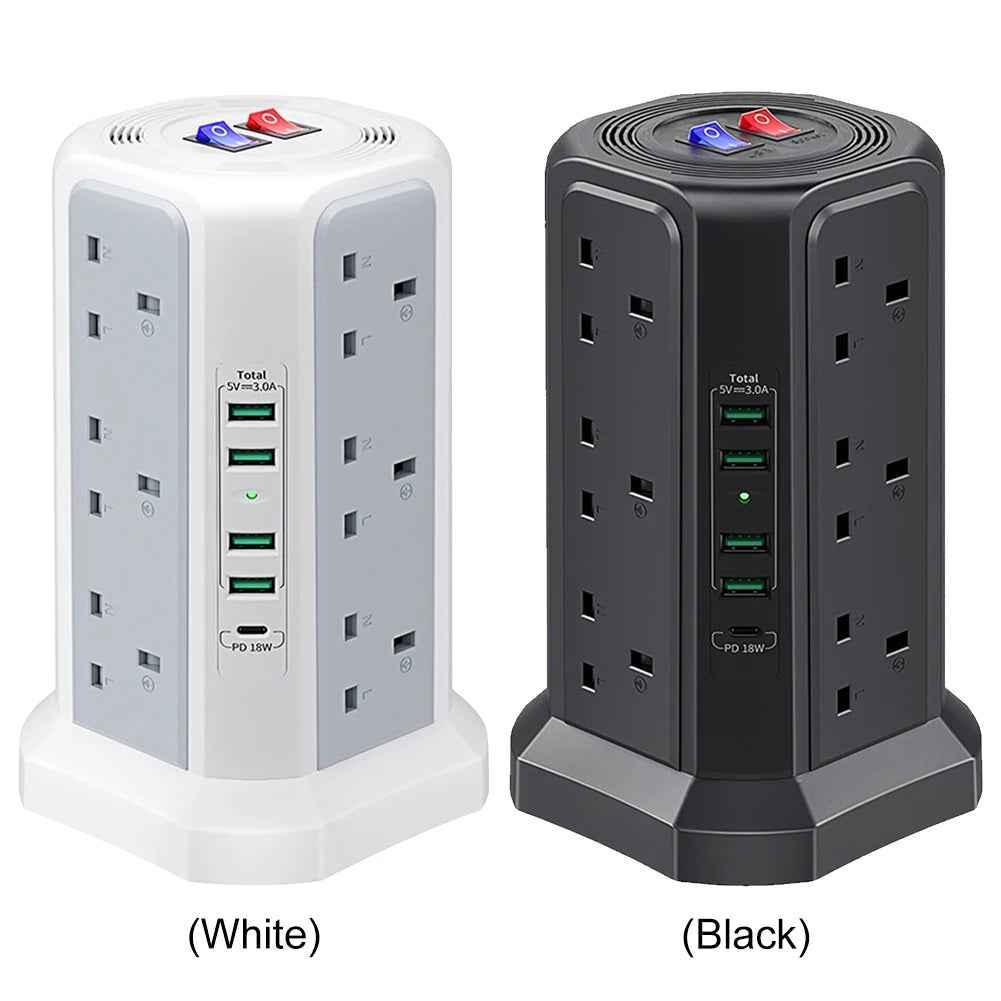 13A 3250W Tower Power Strip PD18W Fast Charging USB Slots Multi Plug Socket Power Strip 5 USB Ports and 12 Way Tower Power Strip