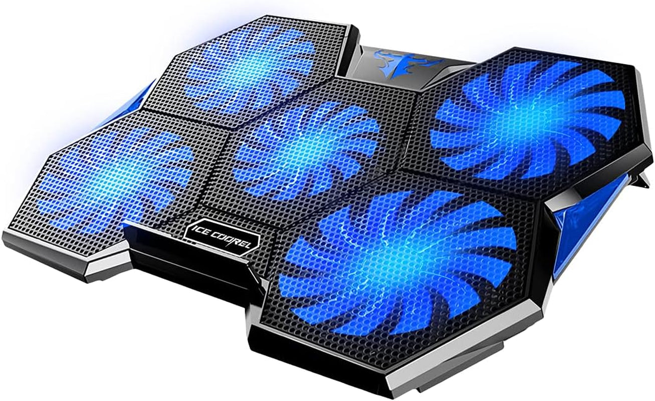 Gaming Laptop Fan Cooling Pad with 5 Big Cooling Fans, Laptop Cooler Cooling Pad for Laptop 15-17 Inch, Strong Wind Fast Heat Dissipation, the Wind Speed Adjustable, Two USB Ports