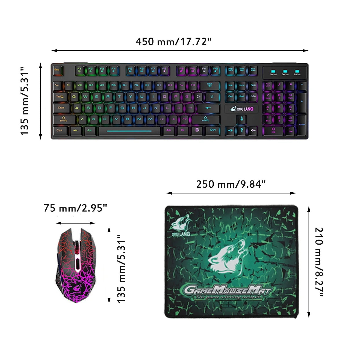 Wireless Gaming Keyboard and Mouse Combo with Mouse Pad, Rainbow LED Backlit Rechargeable Battery Mechanical Ergonomic Feel Dustproof 7 Color Backlit Mute Mice for Computer for Mac for PC Gamer
