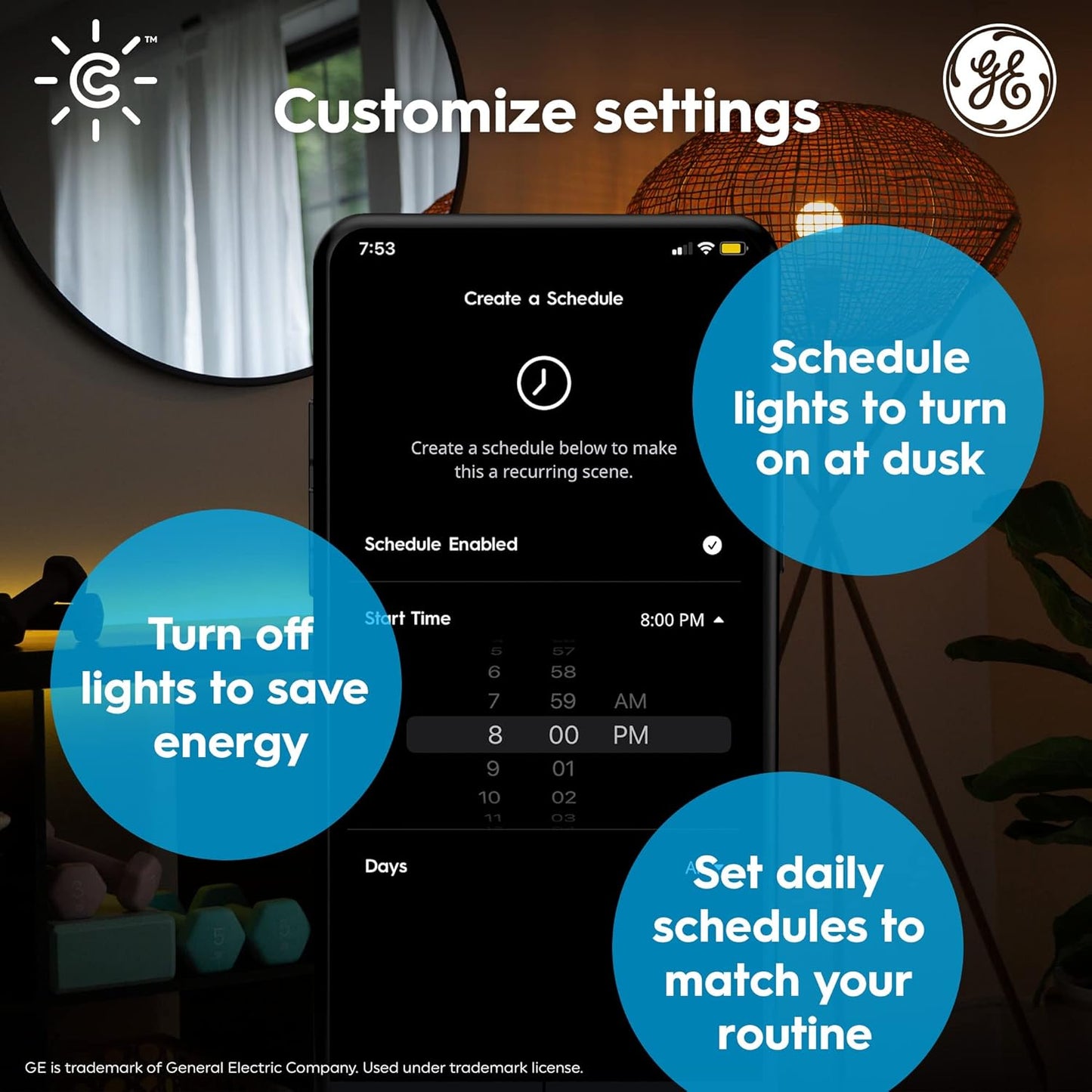 GE Smart LED Light Bulb, Color Changing Lights, Bluetooth and Wi-Fi Lights, Works with Alexa and Google Home, A19 Light Bulb (1 Pack)