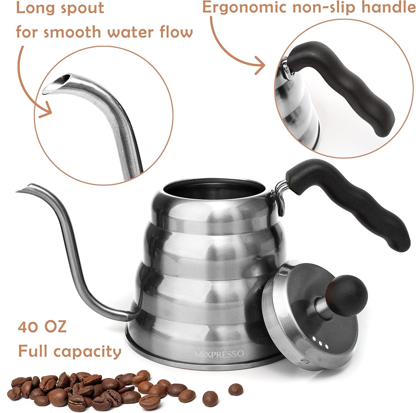 Gooseneck Pour over Coffee Kettle, Barista Pour Control Design, Ideal for Coffee and Tea, High-Grade Stainless Steel 1.2 Liter 40 Oz, Induction Cooker Stovetop Kettle Stainless Steel