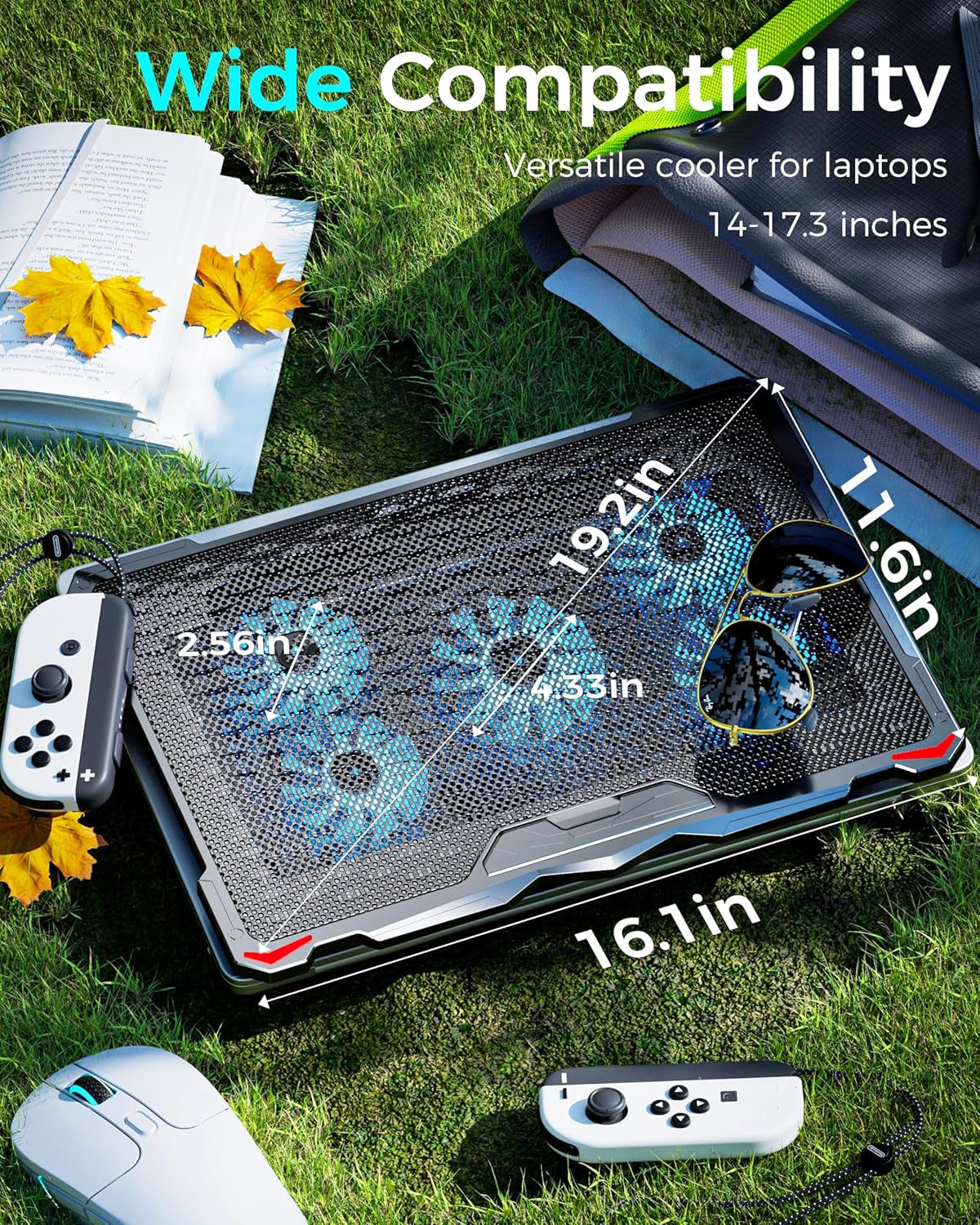 Laptop Cooling Pad 5 Fans up to 17.3 Inch Heavy Notebook Cooler, Blue LED Lights, 2 USB Ports, S035, Blue-5Fans