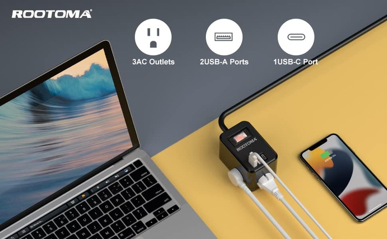 Power Strip with USB C, Power Strip Flat Plug Extension Cord 6 Feet, USB C Charging Station, 3 Outlets 2 USB Ports (15.5W/3.1A), Non Surge Protector for Travel, Cruise Ship 02-Black