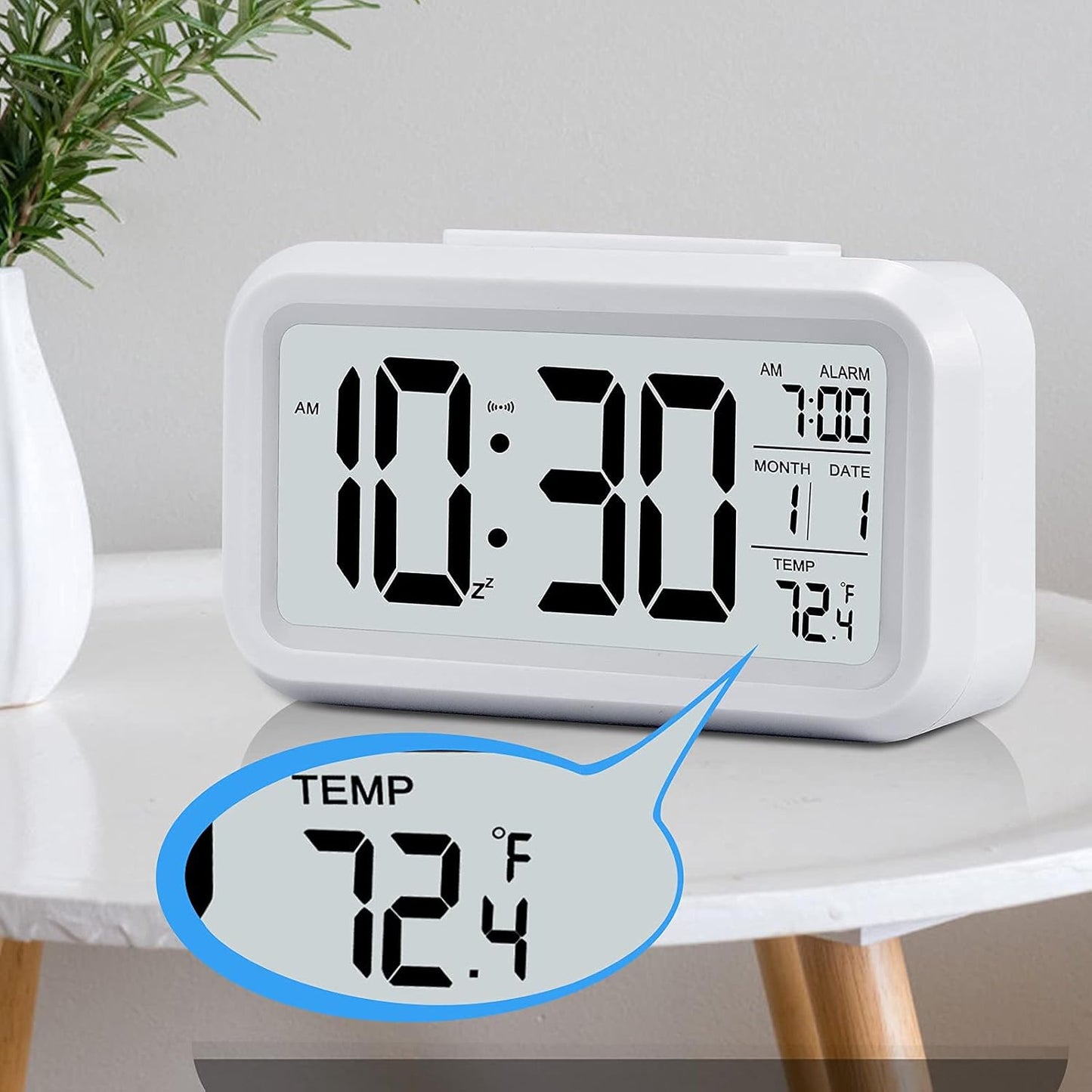 Digital Alarm Clock, Battery Operated, with Smart Night Light, 4.3-Inch LCD Display, 12/24-Hour Format, Indoor Temperature, White