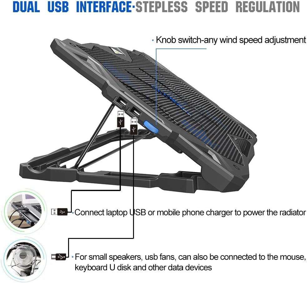 Laptop Cooling Pad, Portable Laptop Stand with 6 Angle Adjustable & 5 Quiet Blue LED Fans for 12-17.3 Inch Gaming Laptop, Laptop Cooler Built-In Dual USB Ports Support Mouse, Keyboard Device