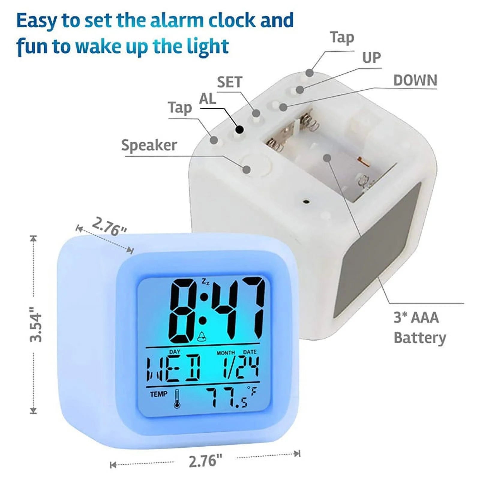 Colorful Alarm Clock Kids Wake up Digital LED Night Light Clock Travel for Boys Girls, Large Display Time/Date/Alarm with Snooze
