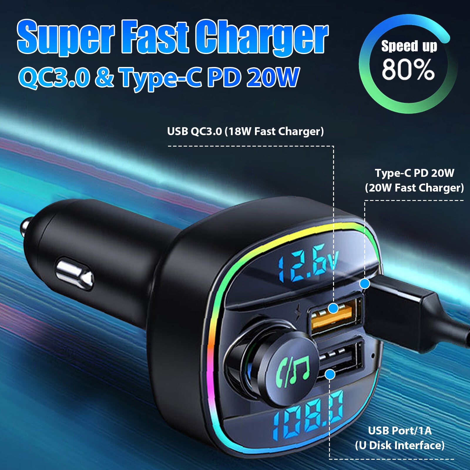 Bluetooth 5.0 Car Wireless FM Transmitter Adapter USB PD Charger AUX Hands-Free