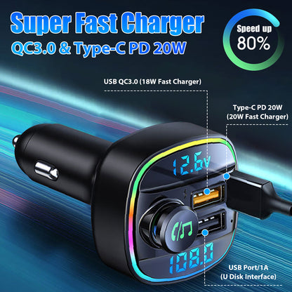 Bluetooth 5.0 Car Wireless FM Transmitter Adapter USB PD Charger AUX Hands-Free