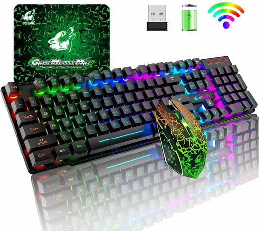Wireless Gaming Keyboard and Mouse Combo with Mouse Pad, Rainbow LED Backlit Rechargeable Battery Mechanical Ergonomic Feel Dustproof 7 Color Backlit Mute Mice for Computer for Mac for PC Gamer