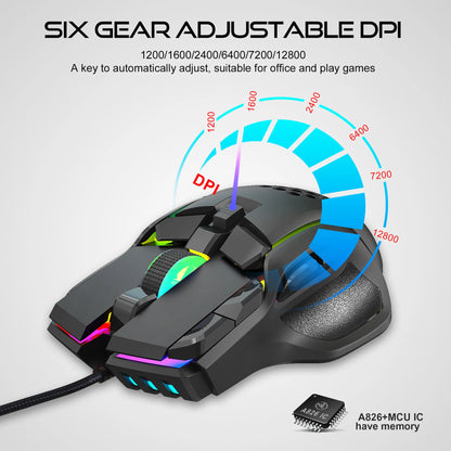 10 Buttons 12800 DPI USB Gaming Mechanical Mouse RGB Backlit Computer Gamer Programmable Wired Mice for Laptop PC Desktop