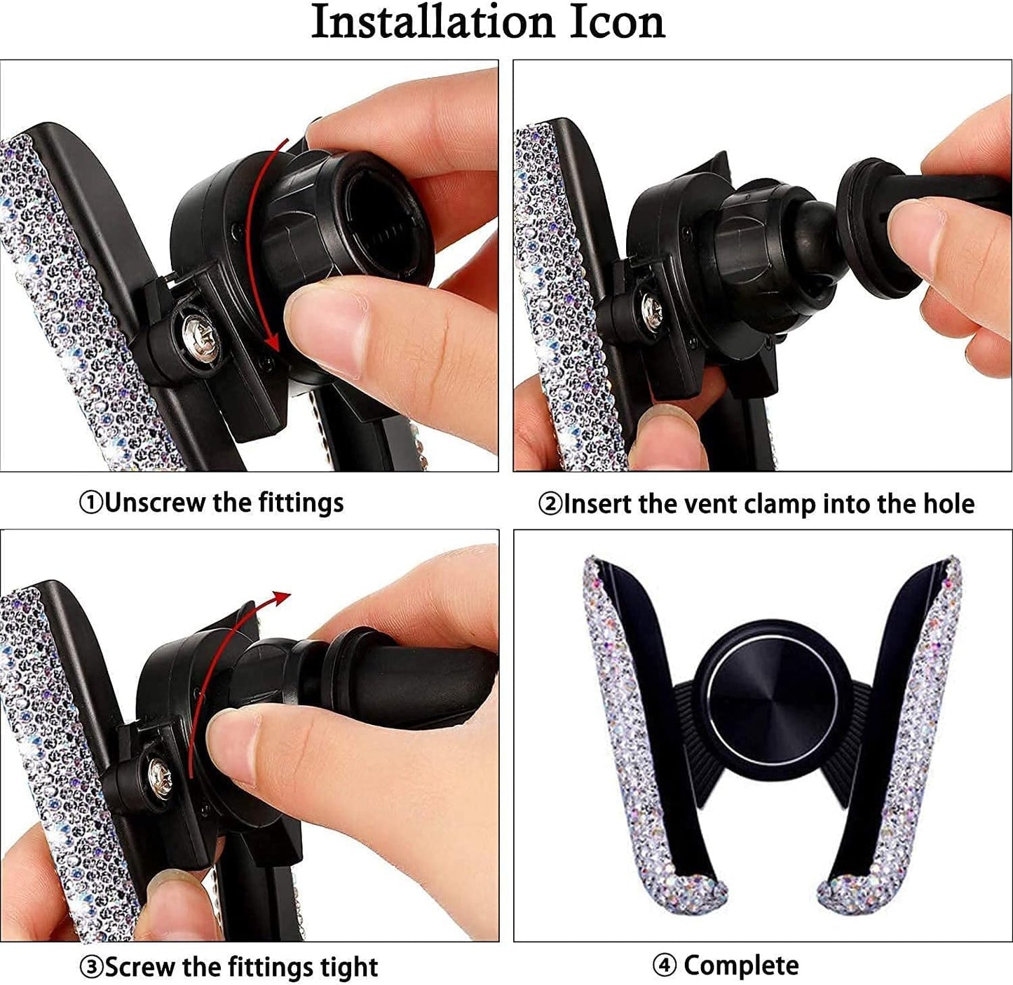 Bling Car Phone Holder, 360 Degrees Adjustable Crystal Auto Car Mount Phone Holder for Dashboard,Windshield and Air Vent (Black)
