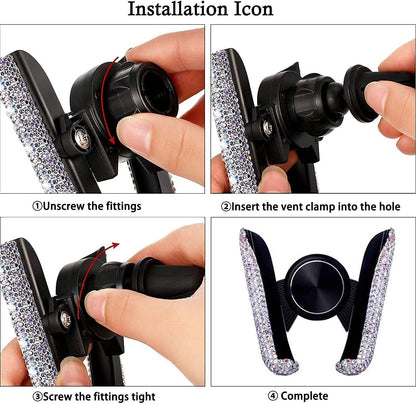 Bling Car Phone Holder, 360 Degrees Adjustable Crystal Auto Car Mount Phone Holder for Dashboard,Windshield and Air Vent (Black)