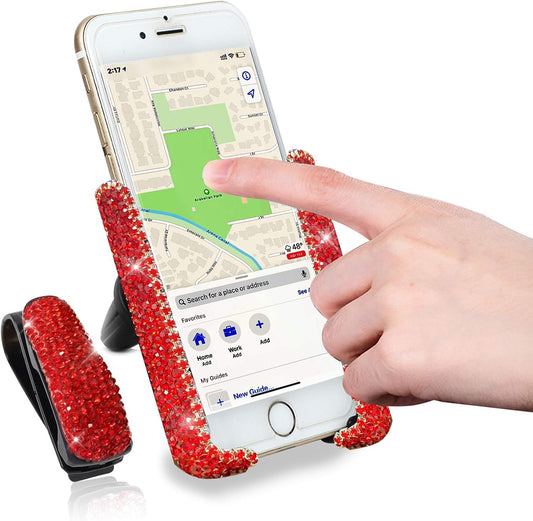 Bling Crystal Car Phone Mount with Free Glasses Holders for Car Sun Visor,Universal Cell Phone Holder for Dashboard,Windshield and Air Vent,Bling Car Accessories for Women(Red)