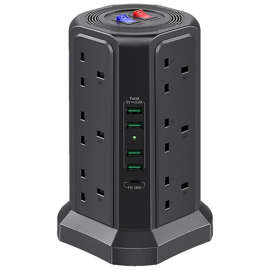 13A 3250W Tower Power Strip PD18W Fast Charging USB Slots Multi Plug Socket Power Strip 5 USB Ports and 12 Way Tower Power Strip