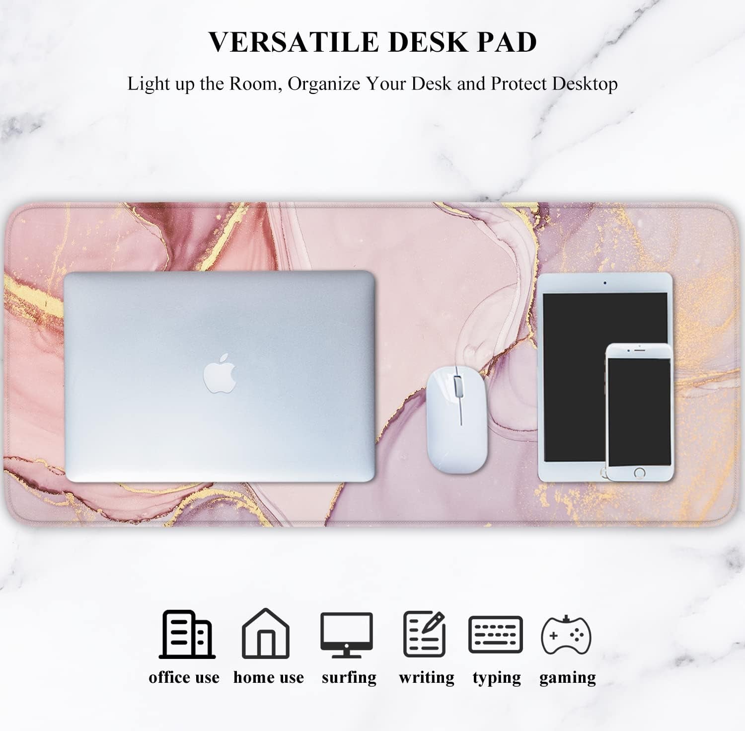 Desk Pad, XL Extended Large Gaming Mouse Pad 31.5 X 11.8 Inch, Waterproof Mousepad with Stitched Edge, Non-Slip Computer Keyboard Laptop Mat for Women Men Office Work, Pink Marble Design