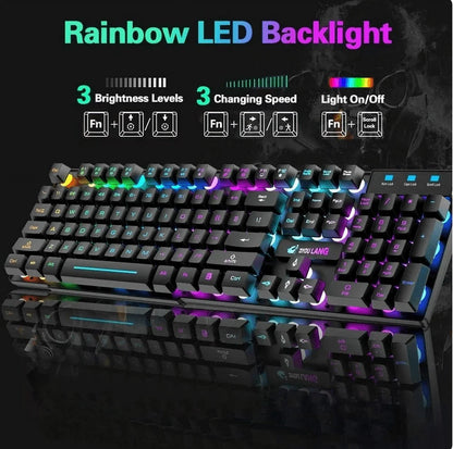 Wireless Gaming Keyboard and Mouse Combo with Mouse Pad, Rainbow LED Backlit Rechargeable Battery Mechanical Ergonomic Feel Dustproof 7 Color Backlit Mute Mice for Computer for Mac for PC Gamer