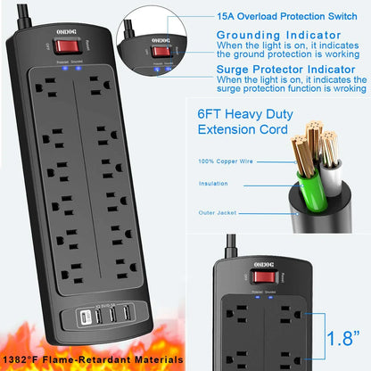 Surge Protector with 12 Outlets and 4 USB Ports, 6 Ft Extension Cord (1875W/15A), 2700J Power Strip, Black