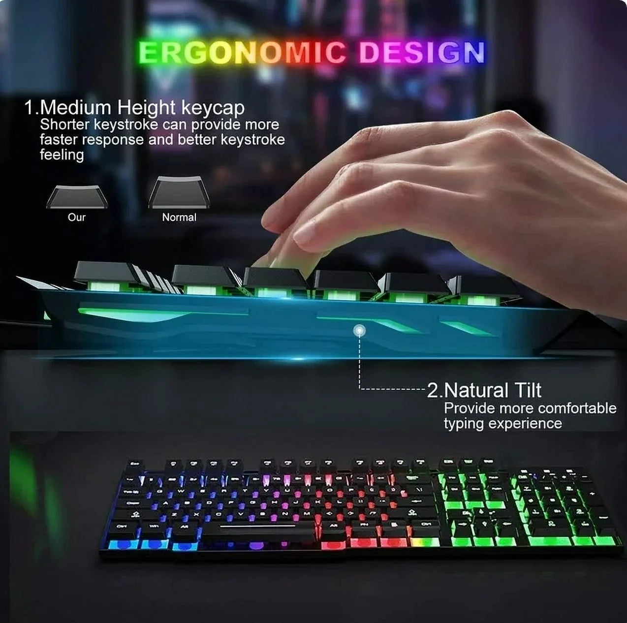 Wireless Gaming Keyboard and Mouse Combo with Mouse Pad, Rainbow LED Backlit Rechargeable Battery Mechanical Ergonomic Feel Dustproof 7 Color Backlit Mute Mice for Computer for Mac for PC Gamer