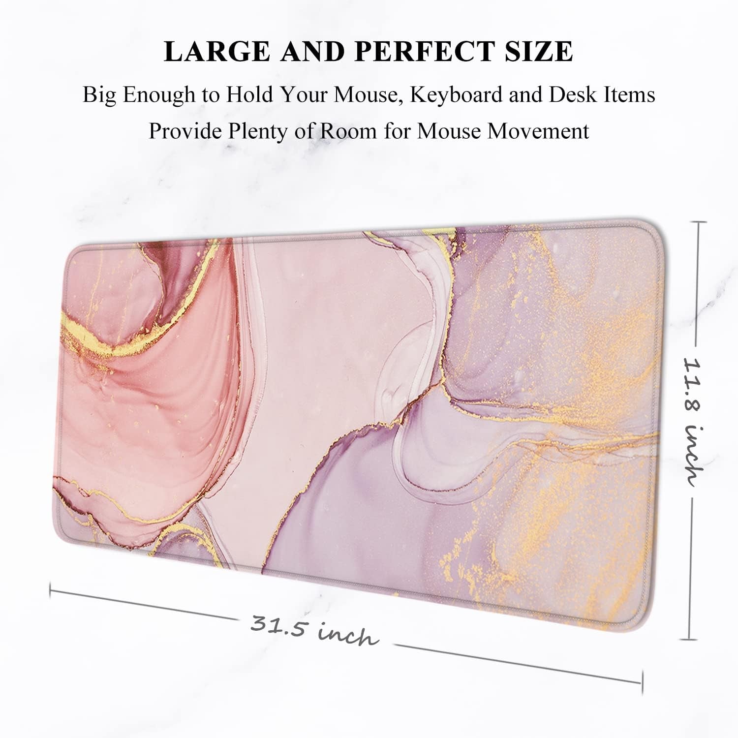 Desk Pad, XL Extended Large Gaming Mouse Pad 31.5 X 11.8 Inch, Waterproof Mousepad with Stitched Edge, Non-Slip Computer Keyboard Laptop Mat for Women Men Office Work, Pink Marble Design