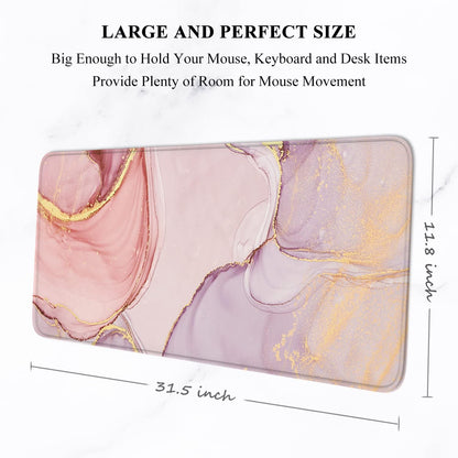 Desk Pad, XL Extended Large Gaming Mouse Pad 31.5 X 11.8 Inch, Waterproof Mousepad with Stitched Edge, Non-Slip Computer Keyboard Laptop Mat for Women Men Office Work, Pink Marble Design