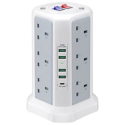 13A 3250W Tower Power Strip PD18W Fast Charging USB Slots Multi Plug Socket Power Strip 5 USB Ports and 12 Way Tower Power Strip