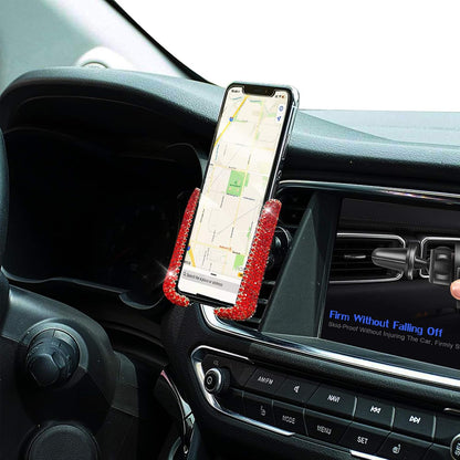 Bling Crystal Car Phone Mount with Free Glasses Holders for Car Sun Visor,Universal Cell Phone Holder for Dashboard,Windshield and Air Vent,Bling Car Accessories for Women(Red)