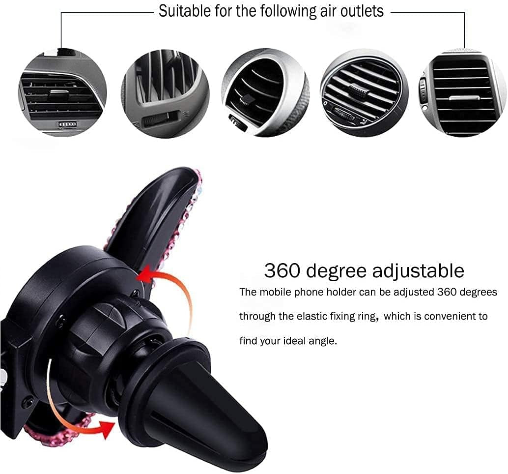 Bling Car Phone Holder, 360 Degrees Adjustable Crystal Auto Car Mount Phone Holder for Dashboard,Windshield and Air Vent (Black)