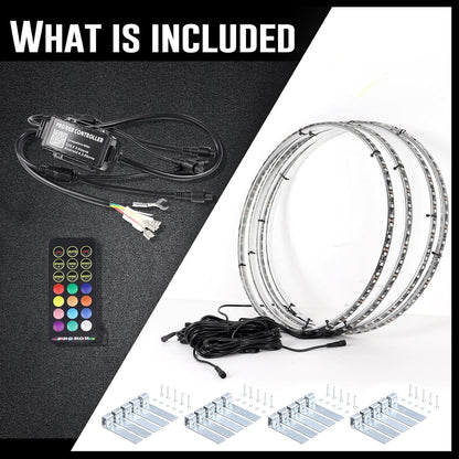 4PCS 15.5 Inch Dancing Color and Pure White LED Wheel Ring Light with Turn Signal and Braking Function, Can Controlled by Remote and APP, Single Row Rim Lights for Truck, Vehical, Offroad