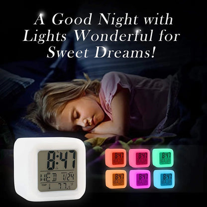 Colorful Alarm Clock Kids Wake up Digital LED Night Light Clock Travel for Boys Girls, Large Display Time/Date/Alarm with Snooze