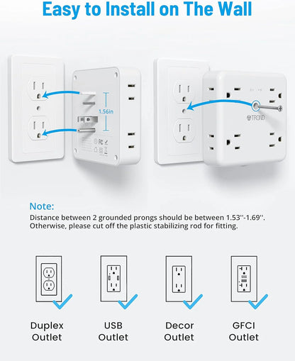 Multi Plug Outlet Extender Surge Protector, 8 AC Outlet Splitter, 3 USB and 1 Type C , On/Off Switch, 1440J White