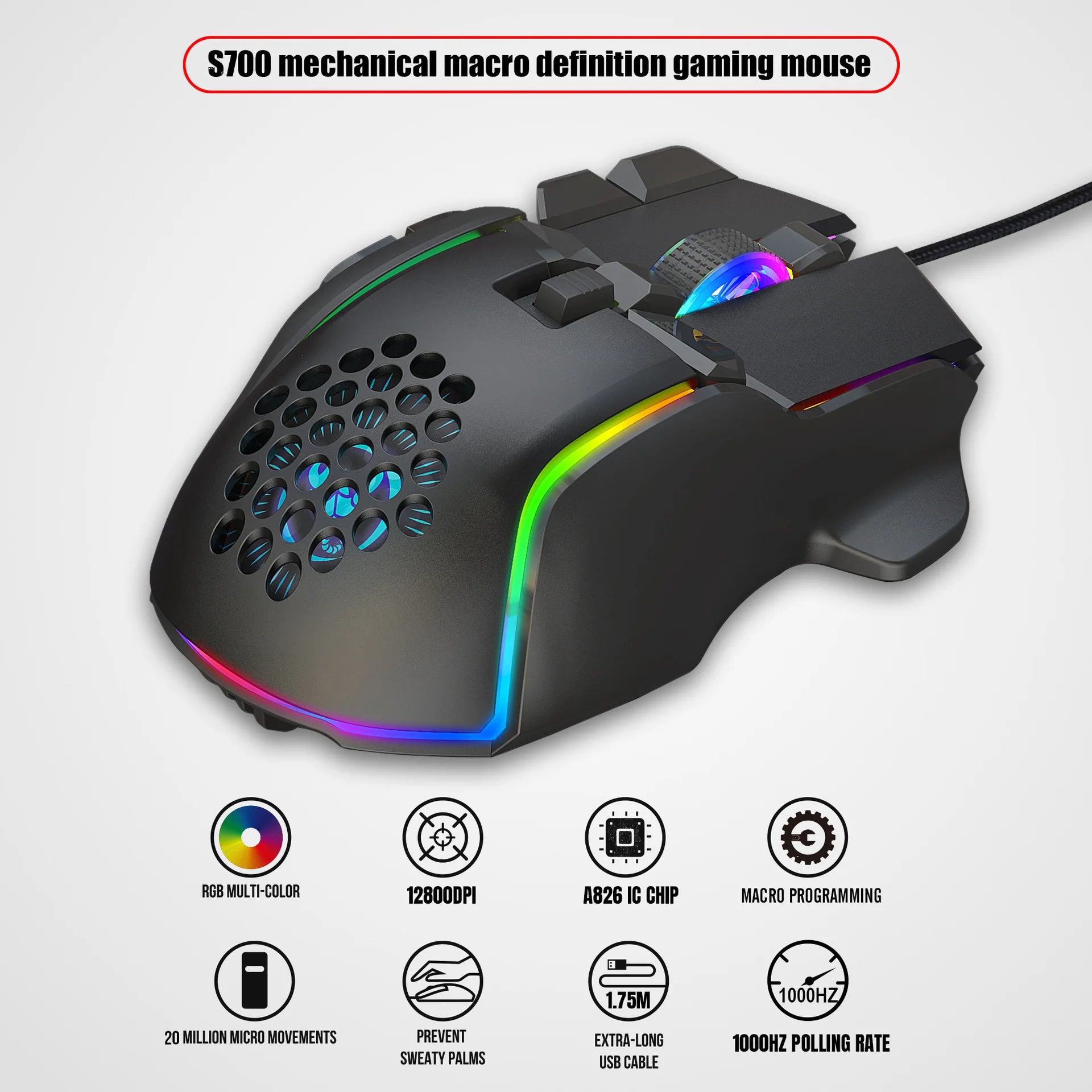 10 Buttons 12800 DPI USB Gaming Mechanical Mouse RGB Backlit Computer Gamer Programmable Wired Mice for Laptop PC Desktop