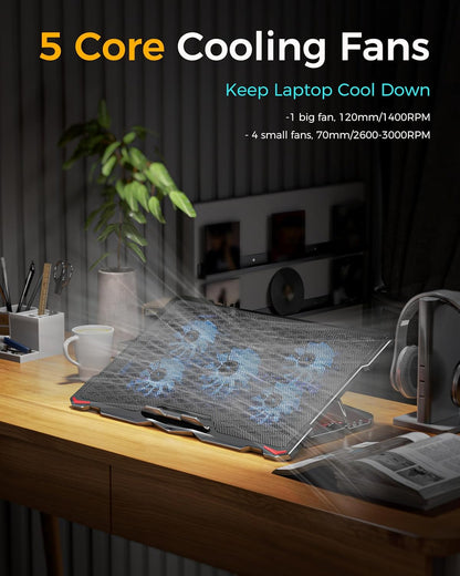 Laptop Cooling Pad 5 Fans up to 17.3 Inch Heavy Notebook Cooler, Blue LED Lights, 2 USB Ports, S035, Blue-5Fans